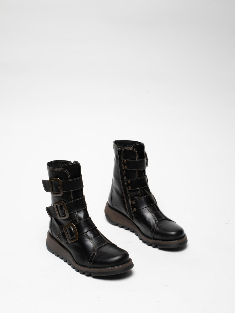 Fly London Black Leather Buckle Ankle Boots