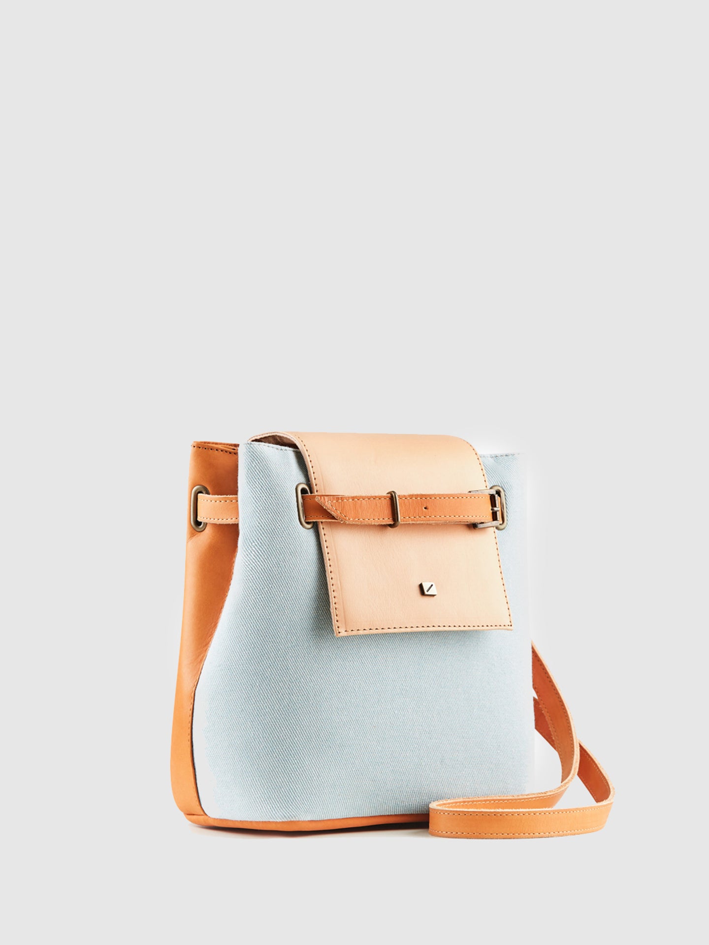 Maria Maleta Blue and Camel Reversible Crossbody Bag