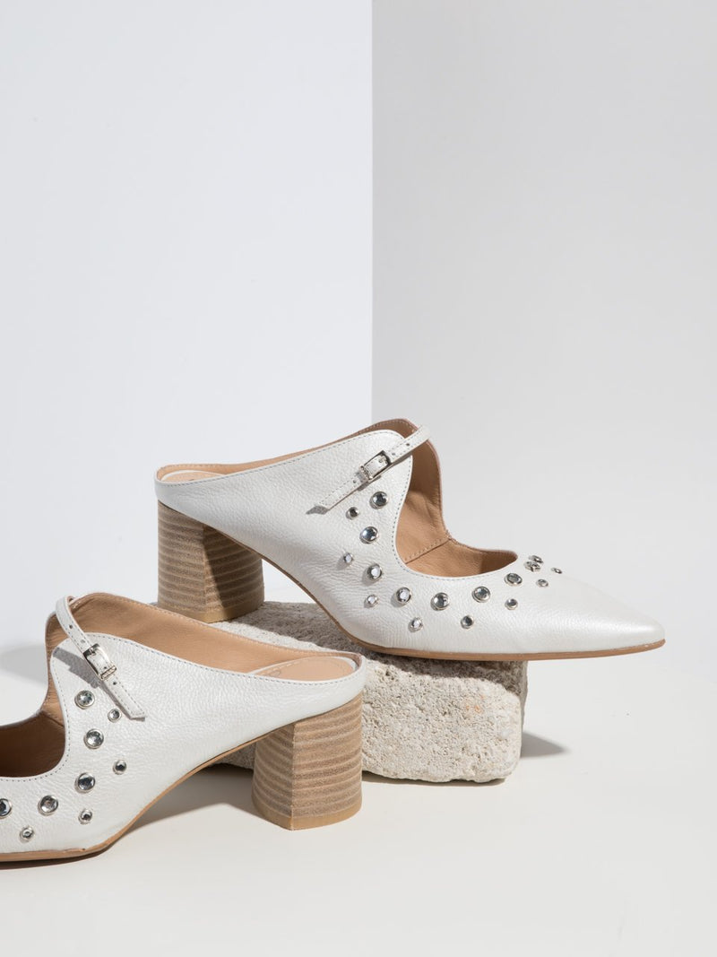 Perlato White Embellished Mules